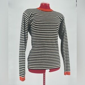 Vintage Anne Klein Wool Black & White Knit Striped Sweater With Orange Trim